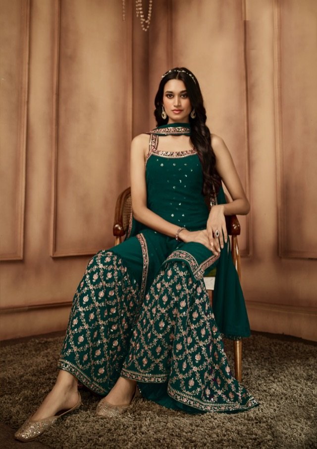 Classy Green Heavy Embroidered and Sequins Work Sharara Set - Rent 5 Days / L / Dark Green Classy Green Heavy Embroidered and Sequins Work Sharara Set - Rent 5 Days / L / Dark Green