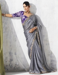Classy Grey Embroidered Saree with Unique Printed Blouse Ideal for Modern Occasions - Buy
