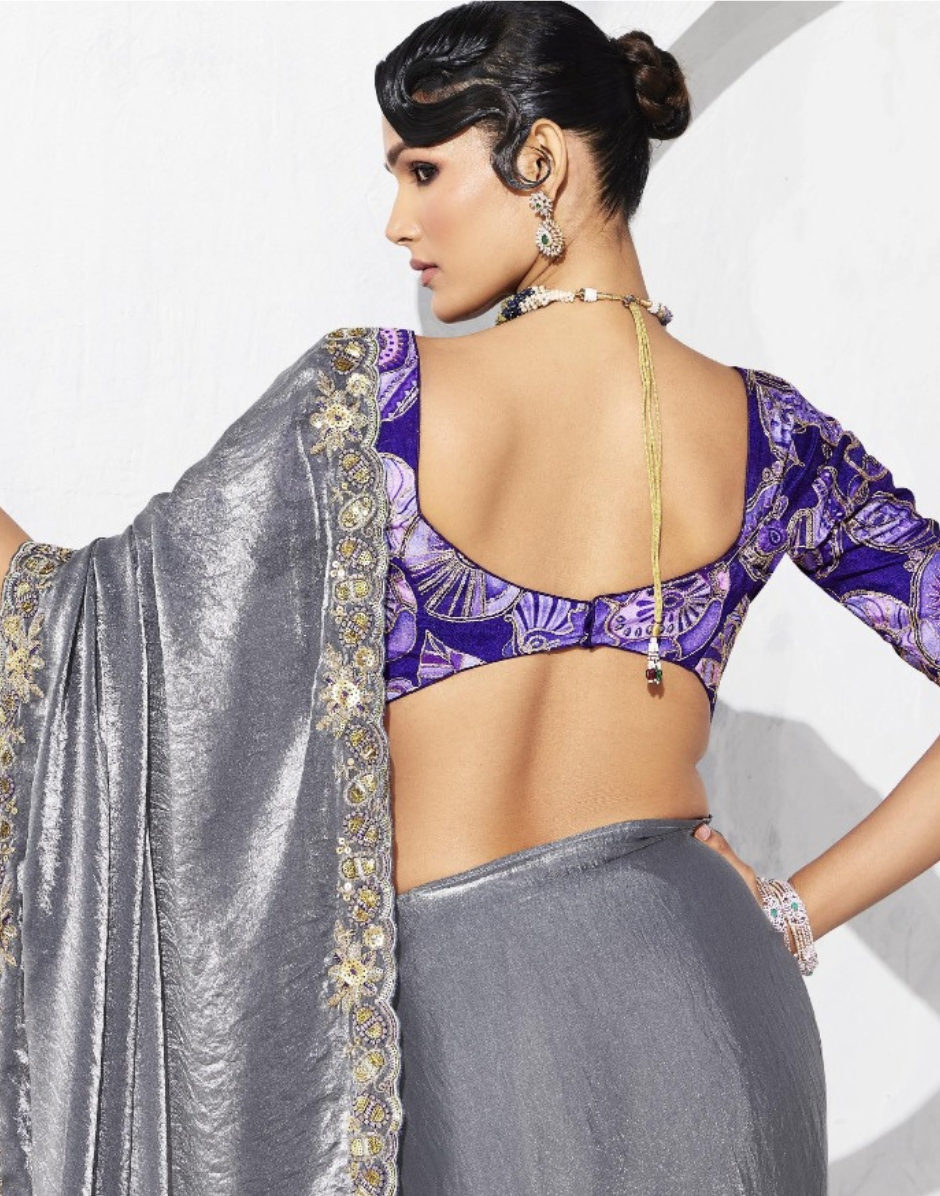 Classy Grey Embroidered Saree with Unique Printed Blouse Ideal for Modern Occasions - Buy