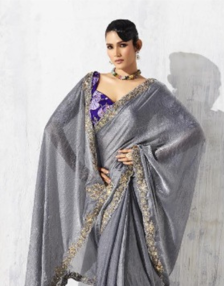 Classy Grey Embroidered Saree with Unique Printed Blouse Ideal for Modern Occasions - Buy_2
