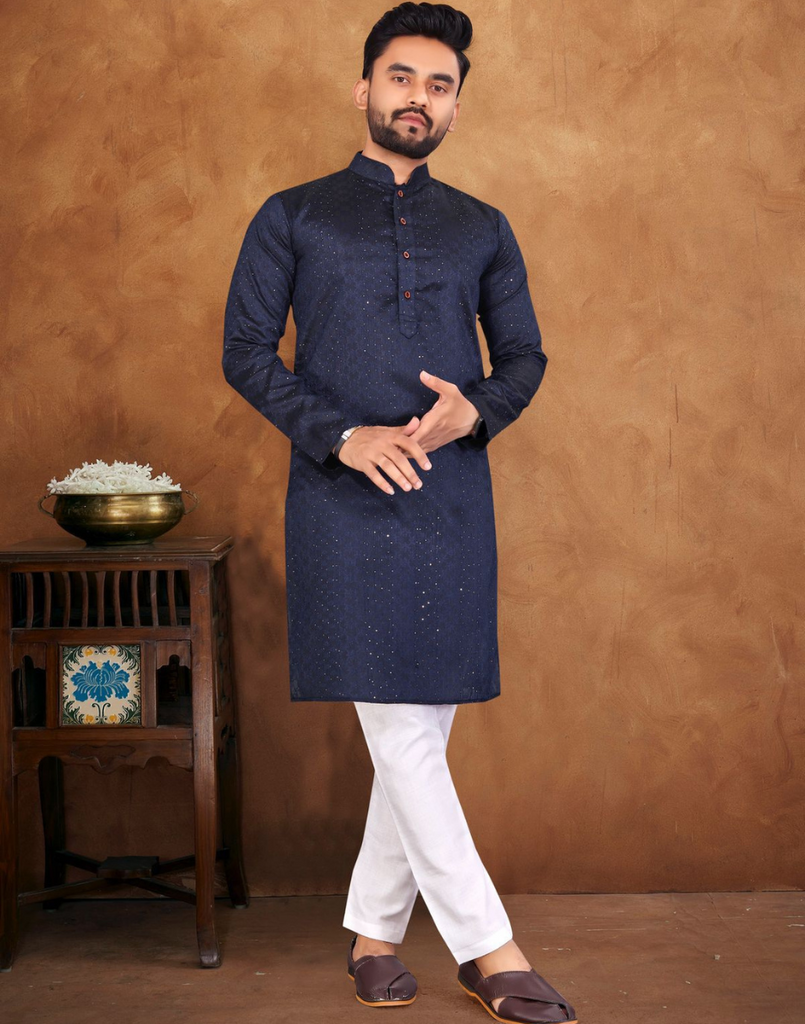 Classy Navy Kurta Set for Men Perfect for Festive & Formal Wear Navy / L / 7 Days Classy Navy Kurta Set for Men Perfect for Festive & Formal Wear Navy / L / 7 Days