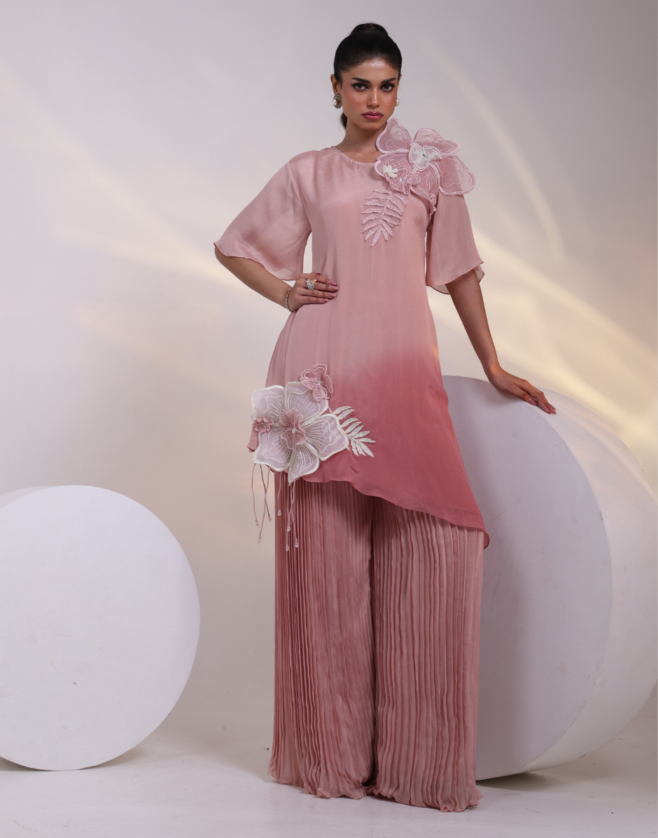 Contemporary Pink Asymmetrical Tunic Co-Ord Set with High Neckline