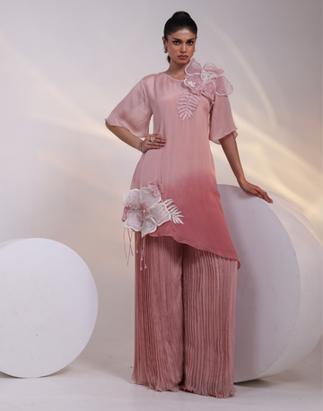 Contemporary Pink Asymmetrical Tunic Co-Ord Set with High Neckline