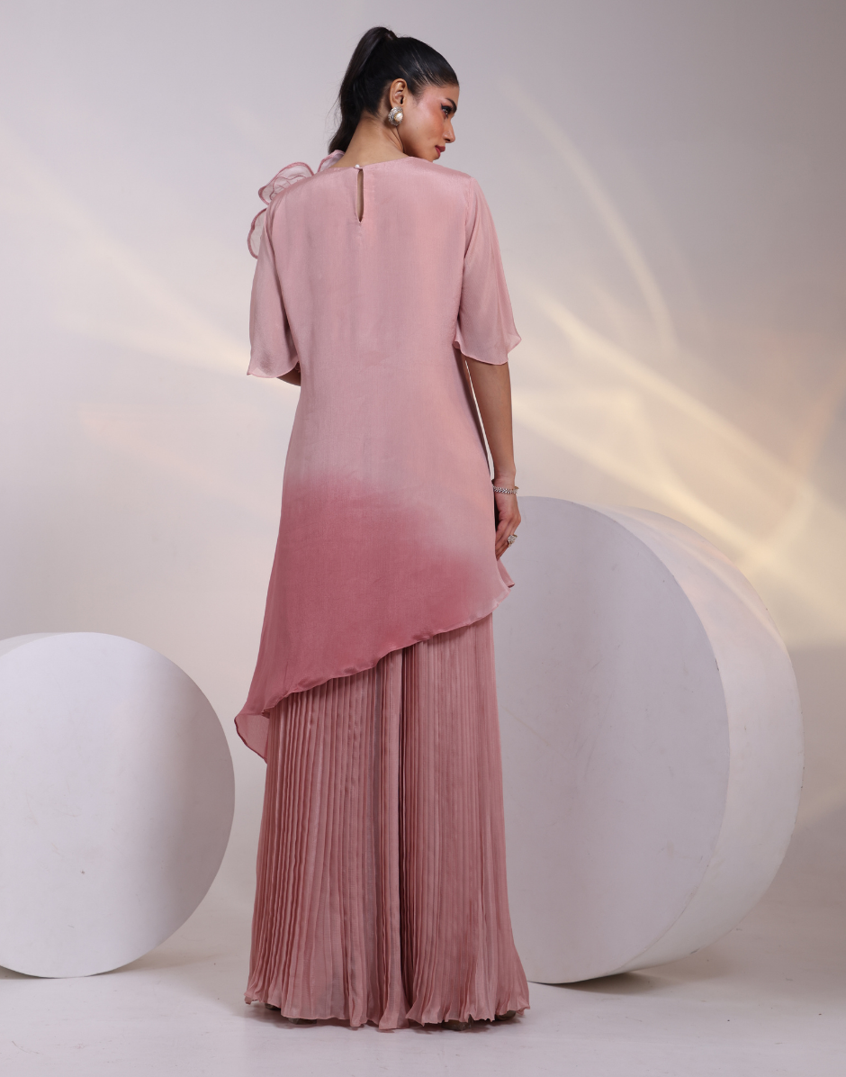 Contemporary Pink Asymmetrical Tunic Co-Ord Set with High Neckline_2
