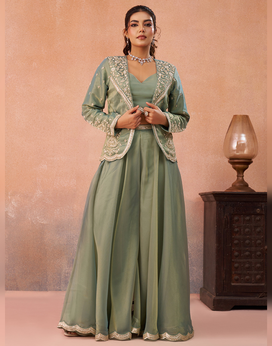 Contemporary Pink Sage Green Tissue Crop Top Set with Jacket & Flared Palazzo for Women