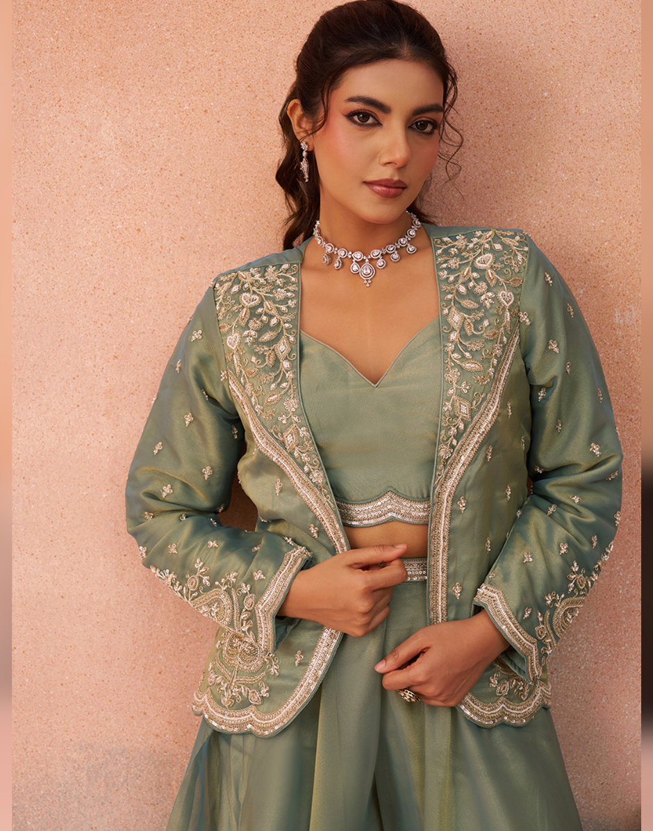 Contemporary Pink Sage Green Tissue Crop Top Set with Jacket & Flared Palazzo for Women