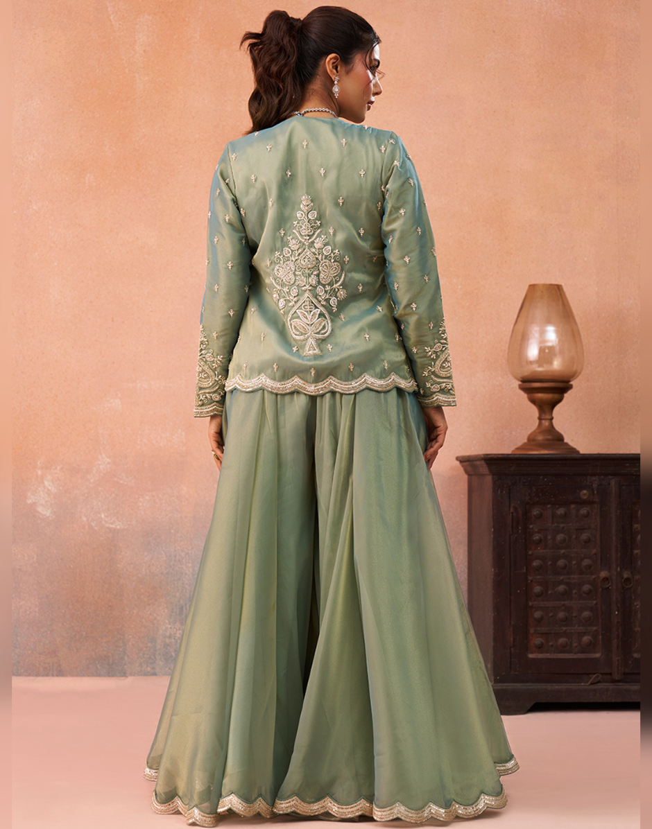 Contemporary Pink Sage Green Tissue Crop Top Set with Jacket & Flared Palazzo for Women Pink / S / 5 Days