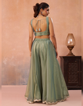 Contemporary Pink Sage Green Tissue Crop Top Set with Jacket & Flared Palazzo for Women_3