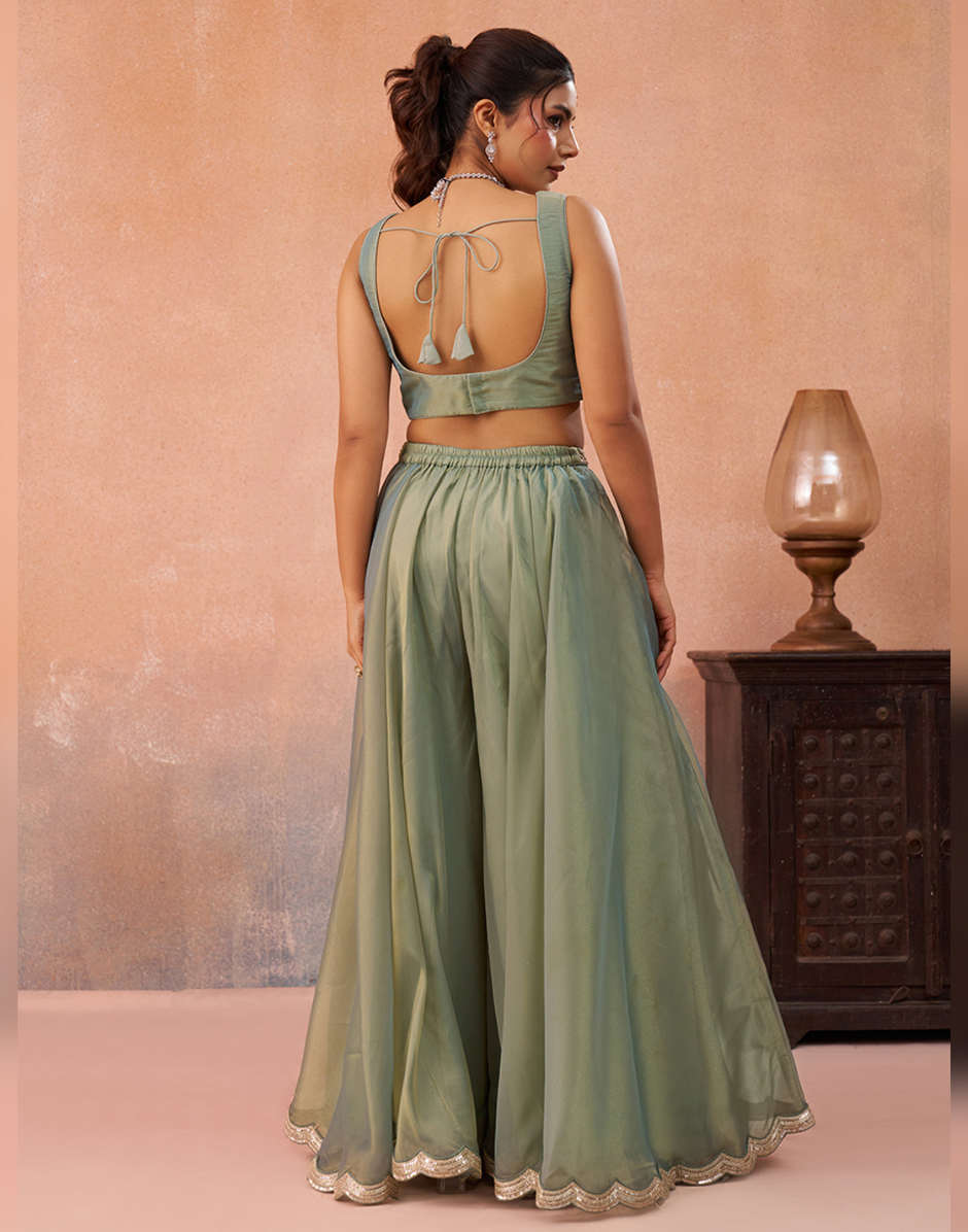Contemporary Pink Sage Green Tissue Crop Top Set with Jacket & Flared