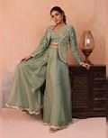 Contemporary Pink Sage Green Tissue Crop Top Set with Jacket & Flared Palazzo for Women_4