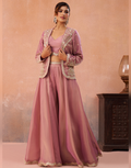 Contemporary Pink Sage Green Tissue Crop Top Set with Jacket & Flared Palazzo for Women_5