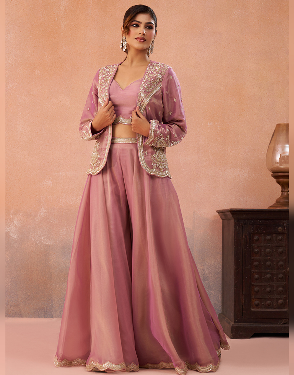 Contemporary Pink Sage Green Tissue Crop Top Set with Jacket & Flared Palazzo for Women_5