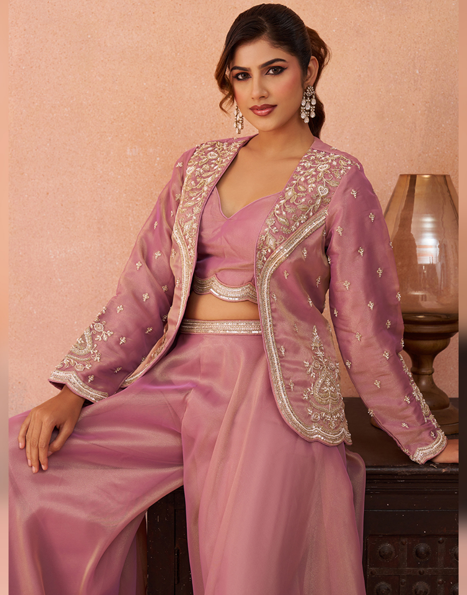 Contemporary Pink Sage Green Tissue Crop Top Set with Jacket & Flared Palazzo for Women_6