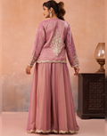 Contemporary Pink Sage Green Tissue Crop Top Set with Jacket & Flared Palazzo for Women_7