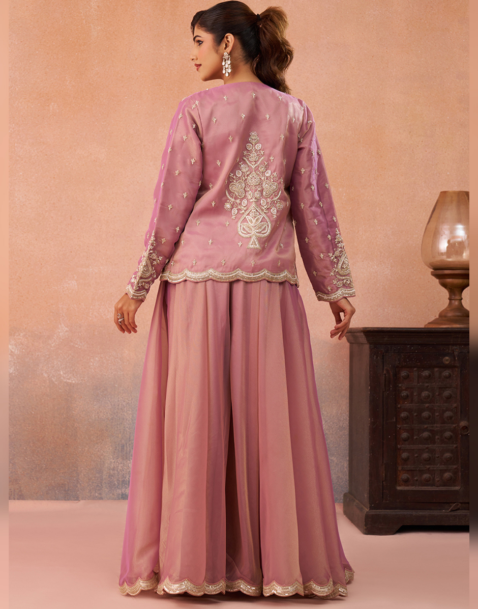 Contemporary Pink Sage Green Tissue Crop Top Set with Jacket & Flared Palazzo for Women_7