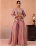 Contemporary Pink Sage Green Tissue Crop Top Set with Jacket & Flared Palazzo for Women_8