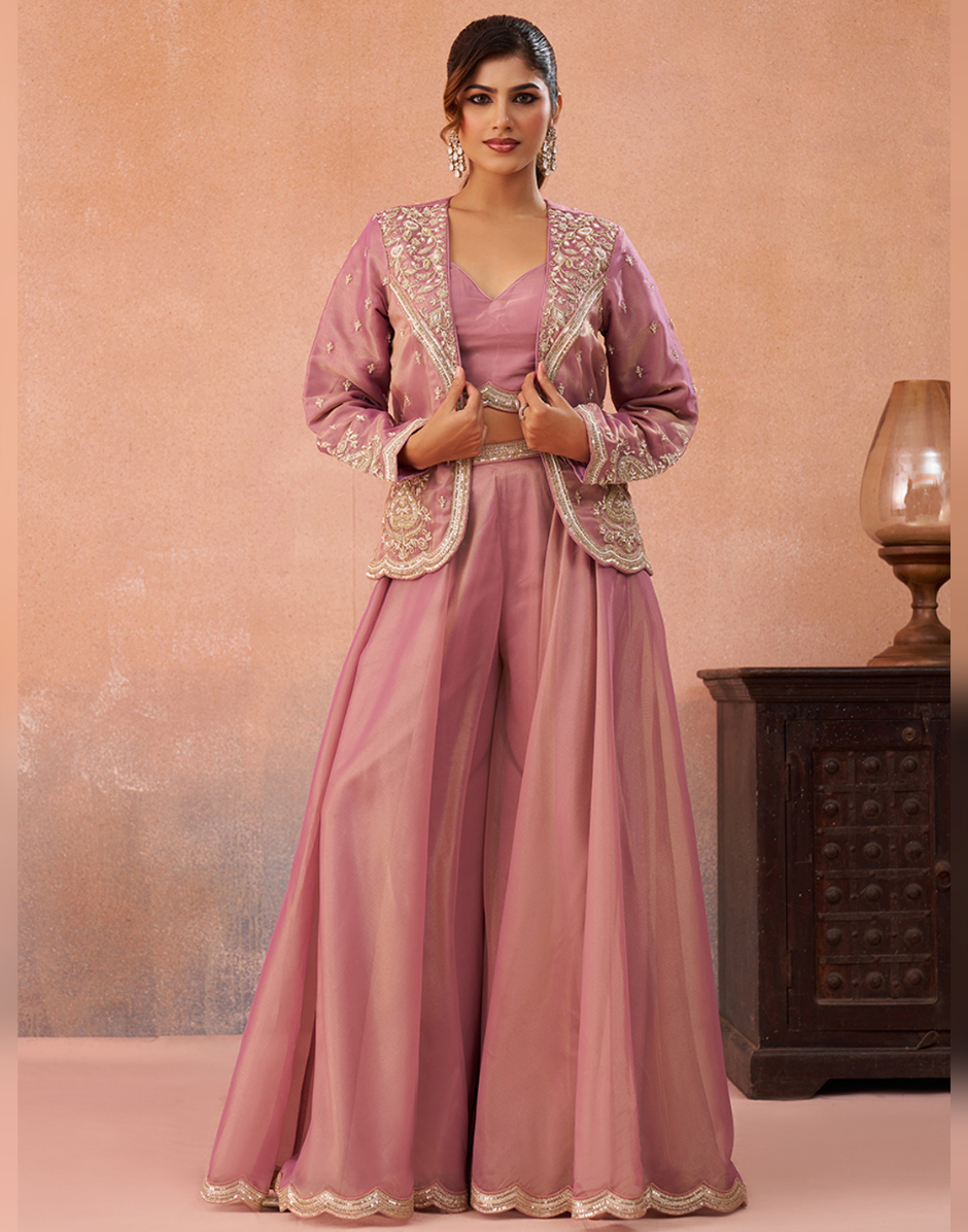 Contemporary Pink Sage Green Tissue Crop Top Set with Jacket & Flared
