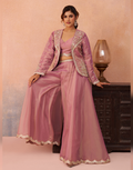 Contemporary Pink Sage Green Tissue Crop Top Set with Jacket & Flared Palazzo for Women_9