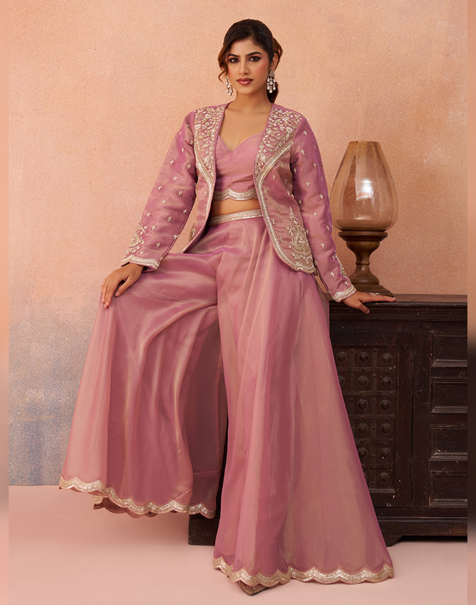 Contemporary Pink Sage Green Tissue Crop Top Set with Jacket & Flared Palazzo for Women Pink / S / 5 Days