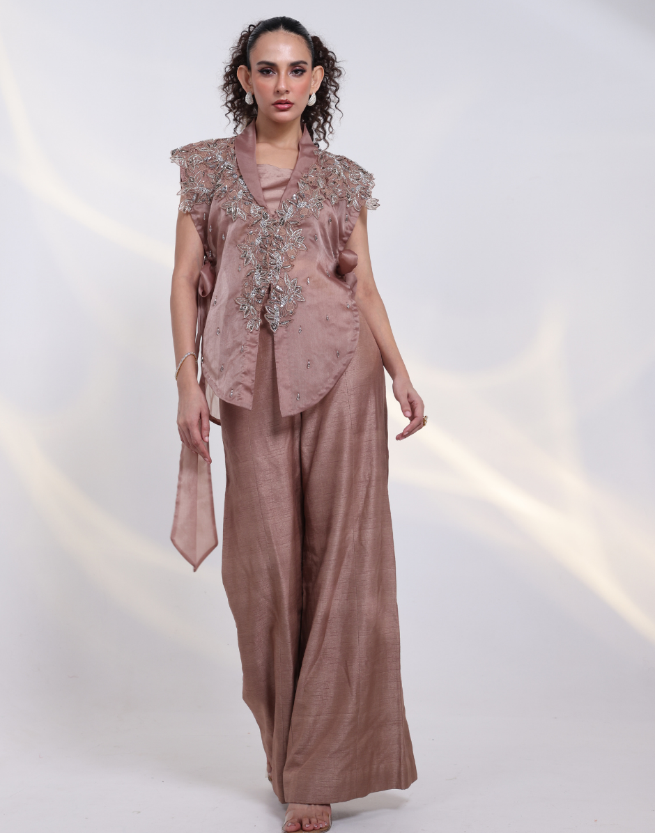 Copper Brown Couture Three-Piece Ensemble with Bustier, Tailored Trousers & Ornate Embroidered Jacket