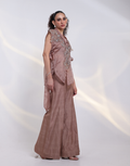 Copper Brown Couture Three-Piece Ensemble with Bustier, Tailored Trousers & Ornate Embroidered Jacket_1