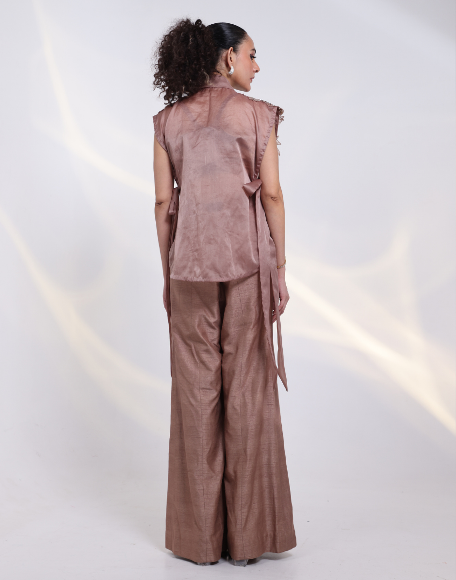 Copper Brown Couture Three-Piece Ensemble with Bustier, Tailored Trousers & Ornate Embroidered Jacket_2