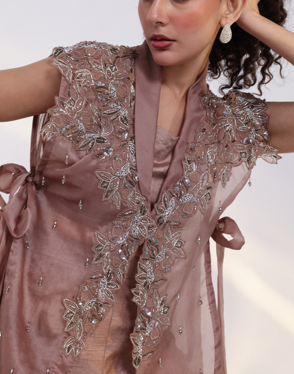 Copper Brown Couture Three-Piece Ensemble with Bustier, Tailored Trousers & Ornate Embroidered Jacket_3