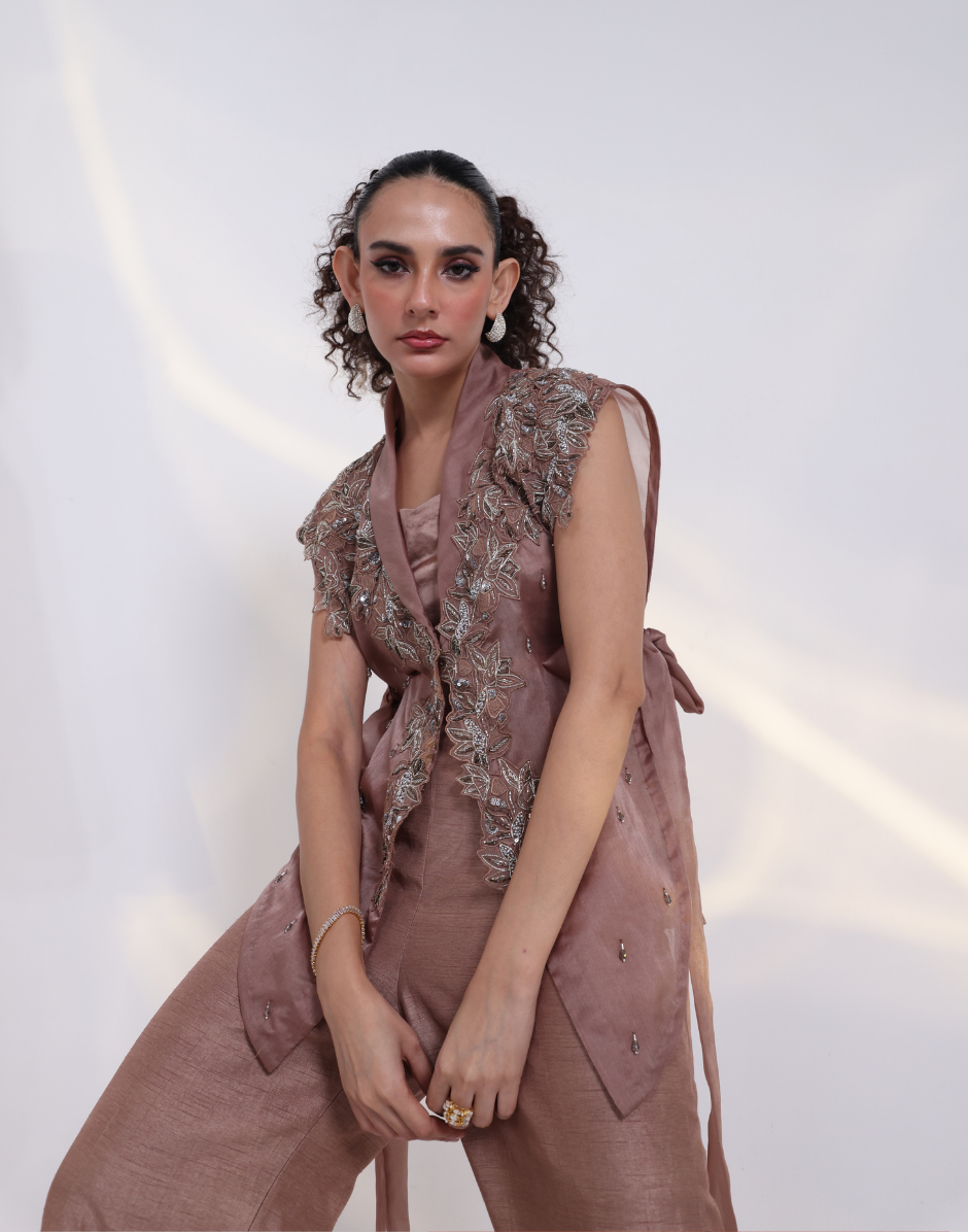 Copper Brown Couture Three-Piece Ensemble with Bustier, Tailored Trousers & Ornate Embroidered Jacket_4