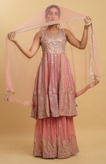 Coral Georgette Embroidered Leaf Trishna Kurta Sharara Set - Rent