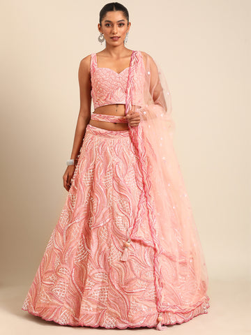 Coral Pink Net Sequins and Zarkan embroidery Semi-Stitched Lehenga Choli & Dupatta- Rent
