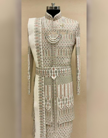 Couture Cream Embroidered Sherwani Set for Modern Groom