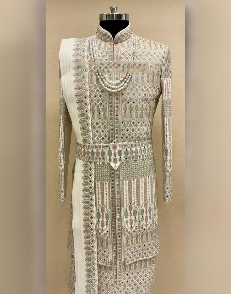 Couture Cream Embroidered Sherwani Set for Modern Groom Cream / S / 7 Days
