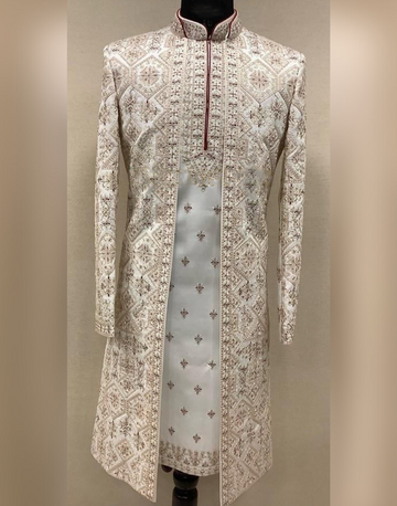 Cream Embroidered & Embellished Designer Men's Sherwani Elegant Ethnic Wear for Weddings & Special Occasions