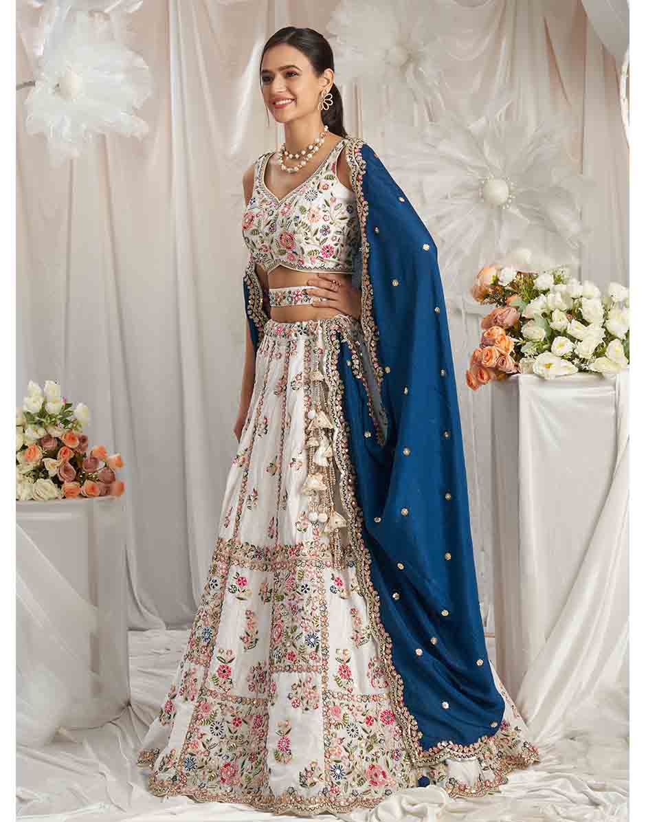 Cream Georgette Sequins Embroidery Semi-Stitched Lehenga Choli & Dupatta