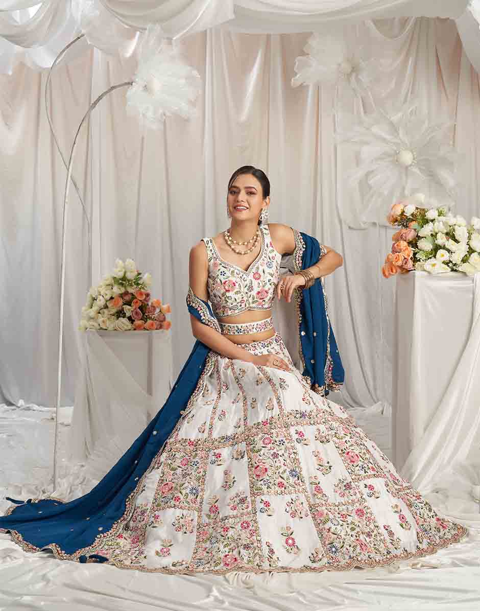 Cream Georgette Sequins Embroidery Semi-Stitched Lehenga Choli & Dupatta