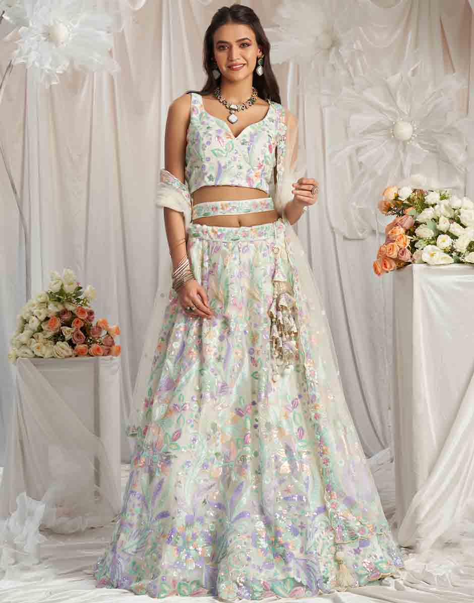 Cream Net Sequins Embroidery Semi-Stitched Lehenga Choli & Dupatta