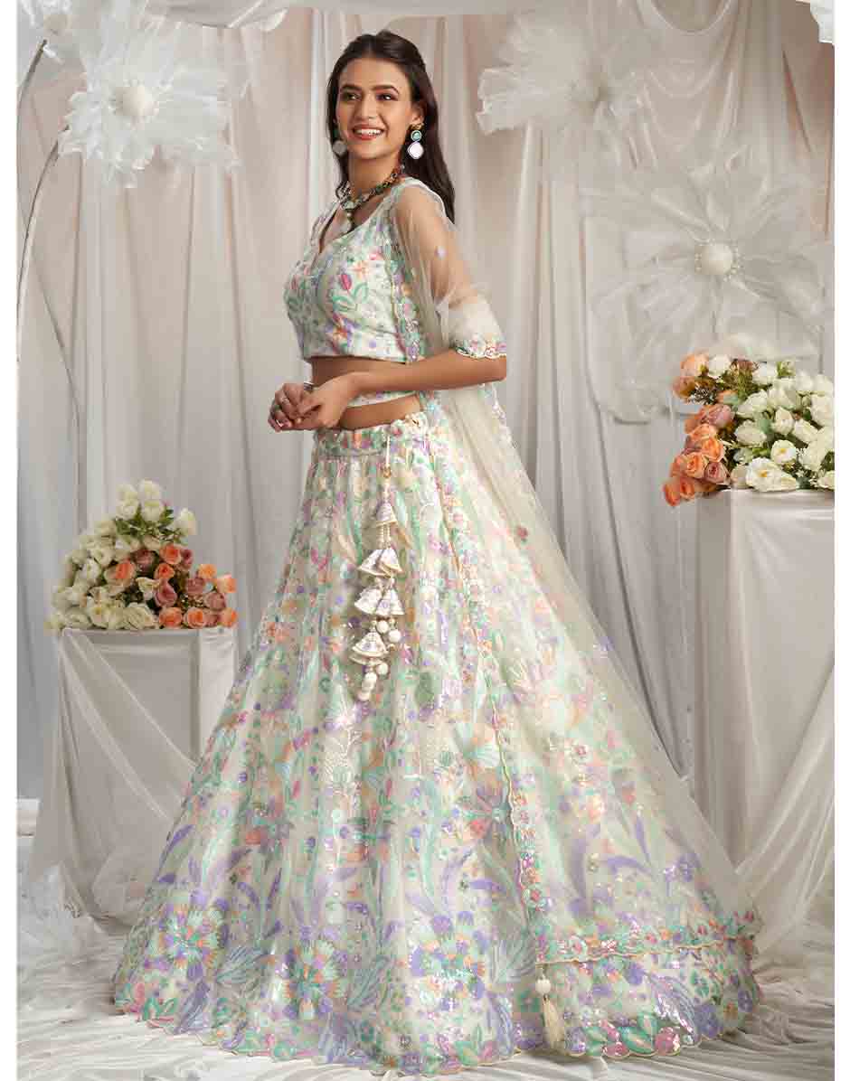 Cream Net Sequins Embroidery Semi-Stitched Lehenga Choli & Dupatta