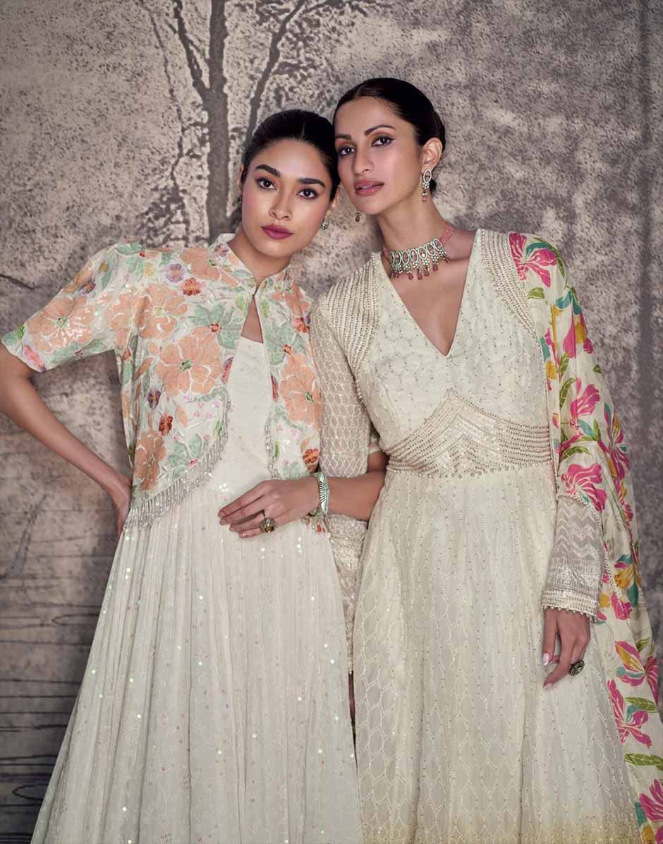 Cream Printed Embroidered Sequins Georgette Gown