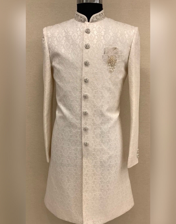 Cream Self-Design Embellished Designer Men's Sherwani Premium Ethnic Wear for Weddings & Festive Occasions
