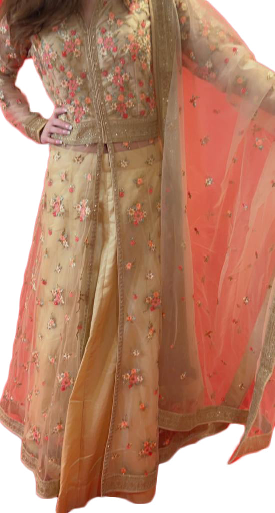 Heavy embroidered Cream  Anarkali Lehenga kurti set - Rent