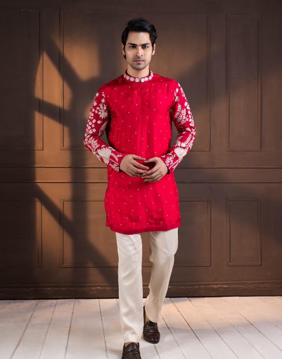 Crimson Palm Grove Embroidered Kurta Tradition and Tropical Charm