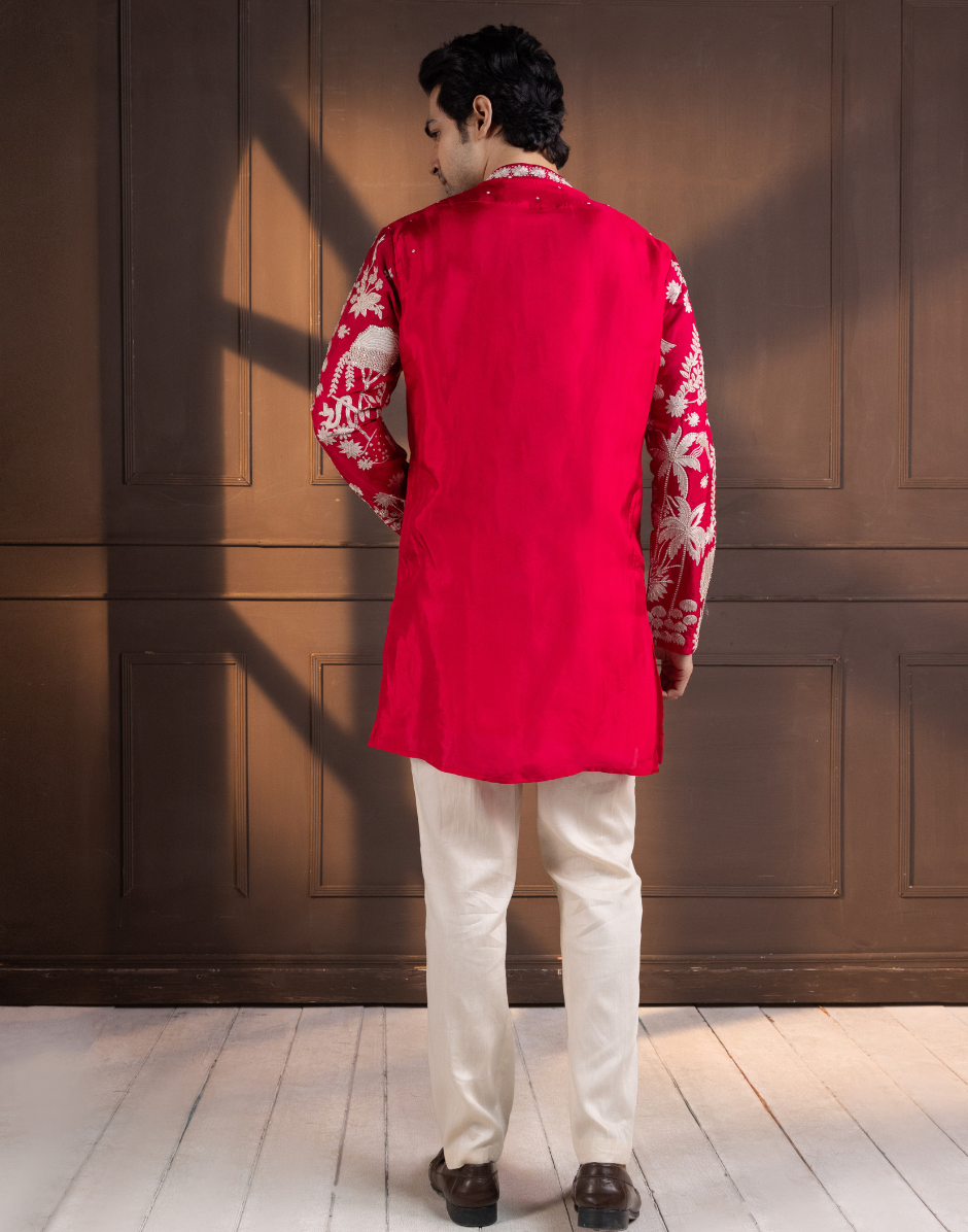 Crimson Palm Grove Embroidered Kurta Tradition and Tropical Charm