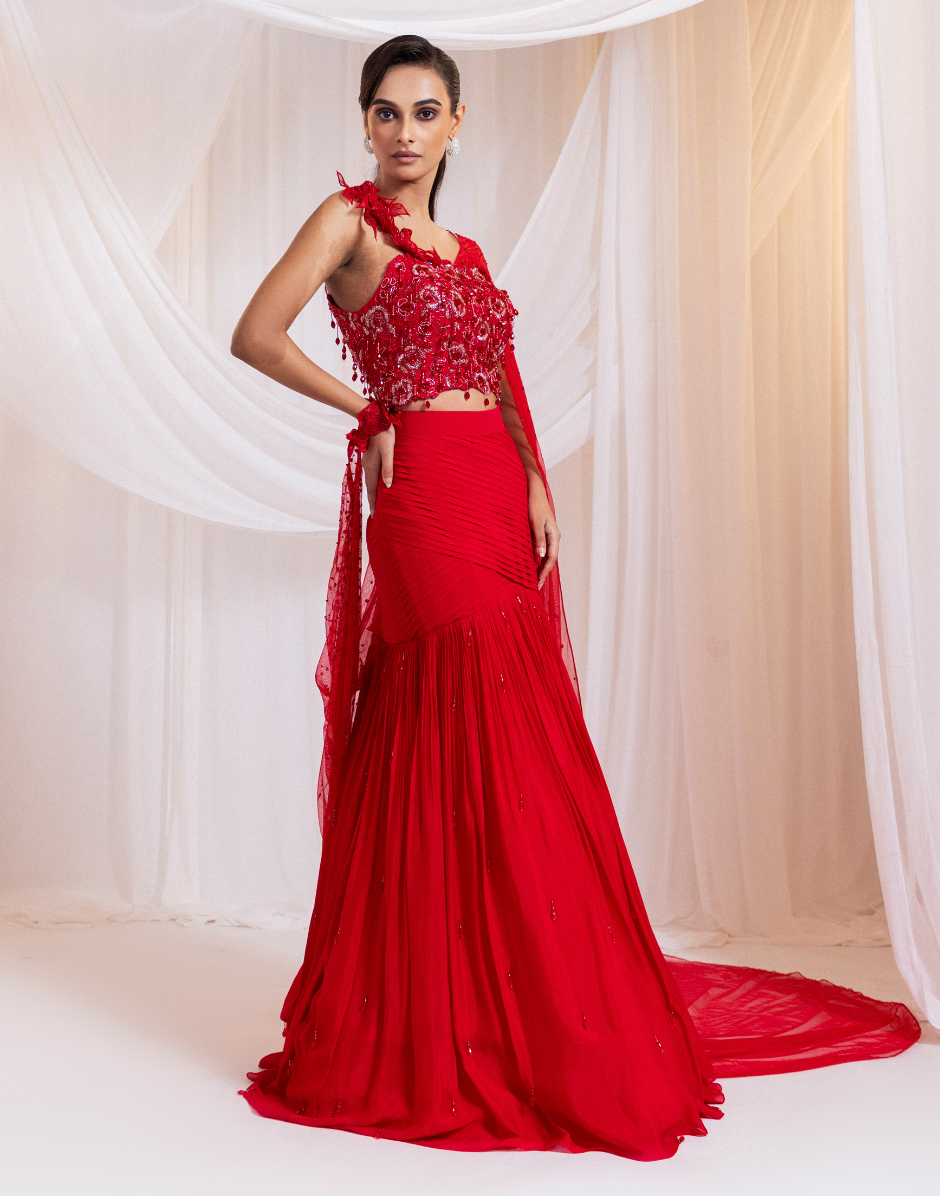 Crystal Embellished Red Pre-Draped Saree Set with 3D Floral Blouse & Side Strap Design