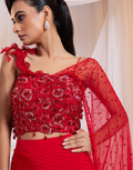 Crystal Embellished Red Pre-Draped Saree Set with 3D Floral Blouse & Side Strap Design_1