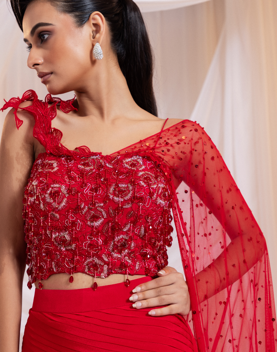 Crystal Embellished Red Pre-Draped Saree Set with 3D Floral Blouse & Side Strap Design_1