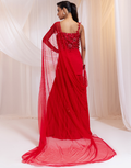 Crystal Embellished Red Pre-Draped Saree Set with 3D Floral Blouse & Side Strap Design_2