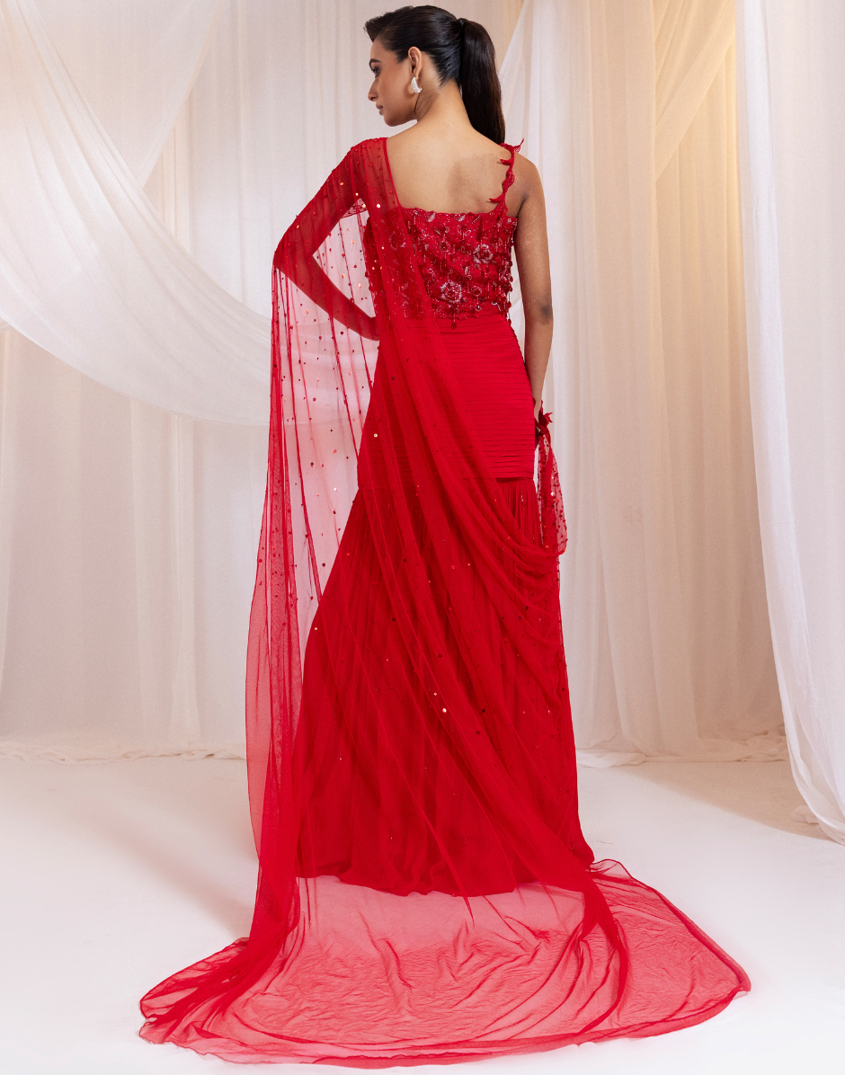Crystal Embellished Red Pre-Draped Saree Set with 3D Floral Blouse & Side Strap Design_2