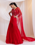 Crystal Embellished Red Pre-Draped Saree Set with 3D Floral Blouse & Side Strap Design_3