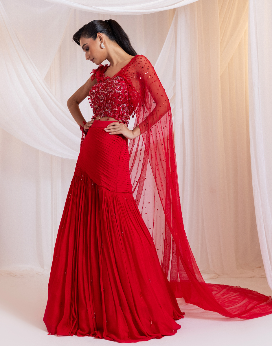 Crystal Embellished Red Pre-Draped Saree Set with 3D Floral Blouse & Side Strap Design_3