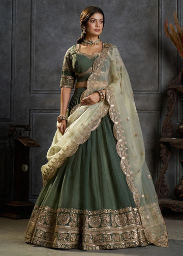 Green Organza Silk Embroidered Lehenga for Guest - RENT